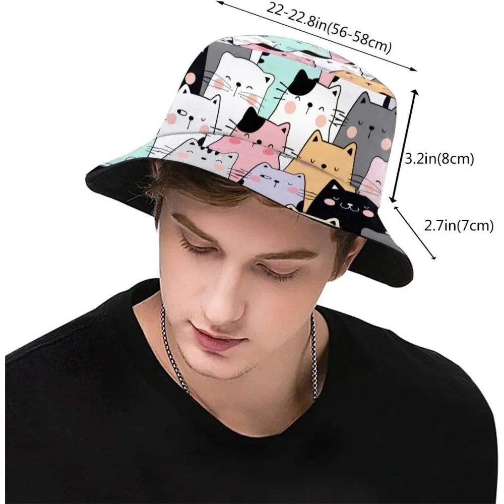 Cute Cat Fisherman Cap Hip Hop Gorras Summer Unisex Cartoon Cat Printing Bucket Hat Outdoor Gardening Beach Hiking Fishing Caps