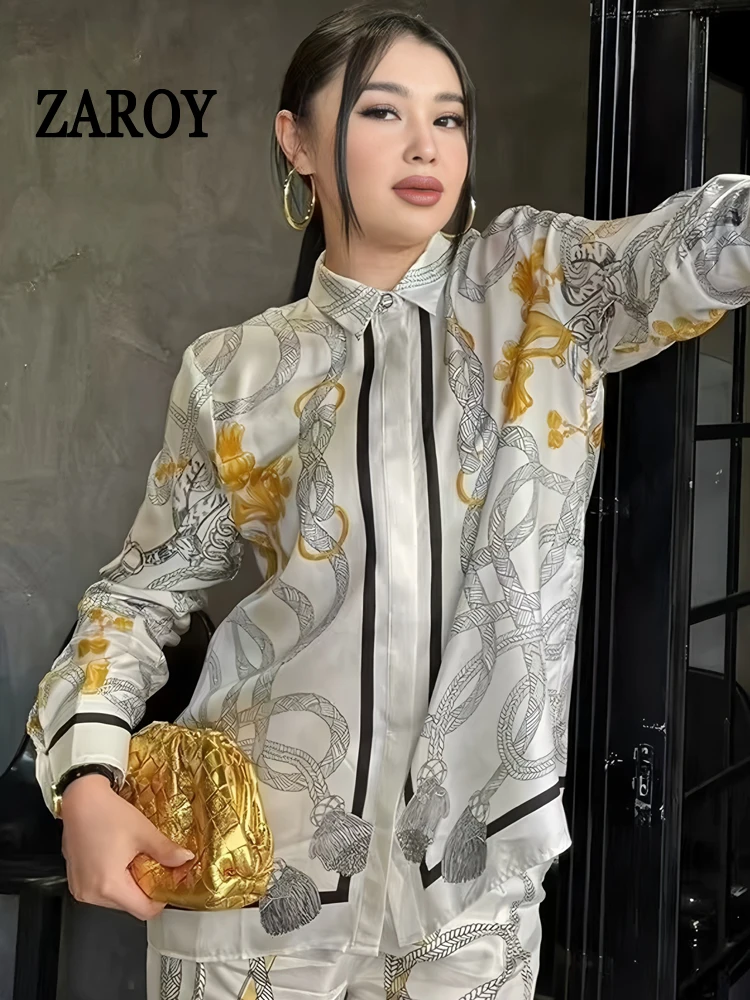 قمصان أحدث قميص نسائي فاخر حصري بأكمام طويلة وطية صدر السترة قميص من الساتان مطبوع عليه أموال قديمة قميص بتصميم علامة تجارية OL بلوزة руба