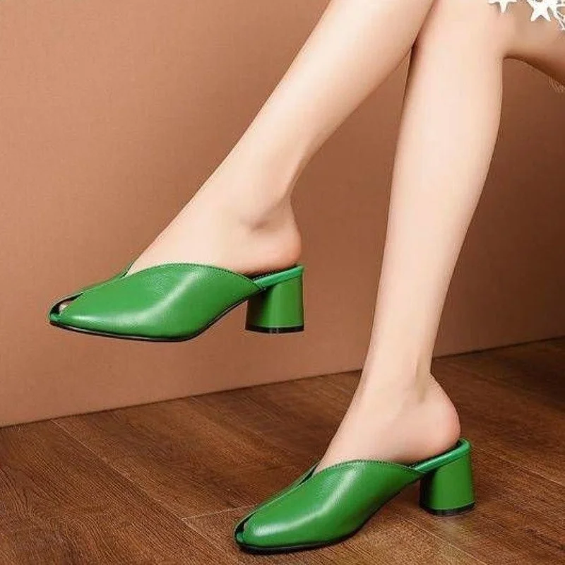 New 2022 Green Slip-on Slippers High Heeled Womens Mules Pumps Peep Toe Square Heel Autumn Casual Sandals Slipper Lady