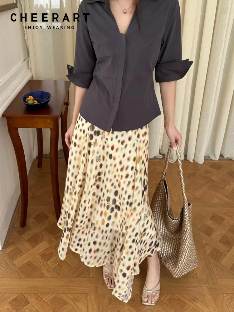 CHEERART Fall 2026 Fashion Dot Long Skirts For Woman Clothes Beige A Line Asymmetrical Midi Skirt Ladies Autumn Bottoms