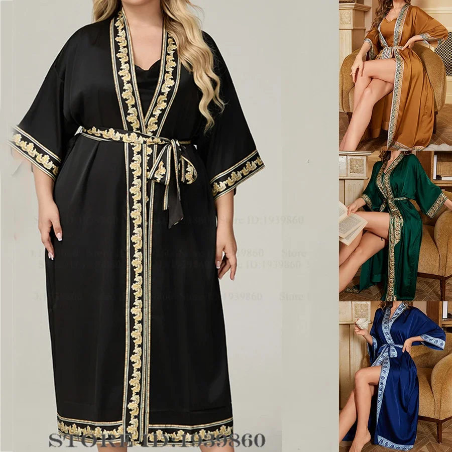 

Большой размер, женский длинный халат, кимоно, халат, весна-лето, новая ночная рубашка, домашнее платье, свободная шелковая атласная одежда для сна, одежда для дома