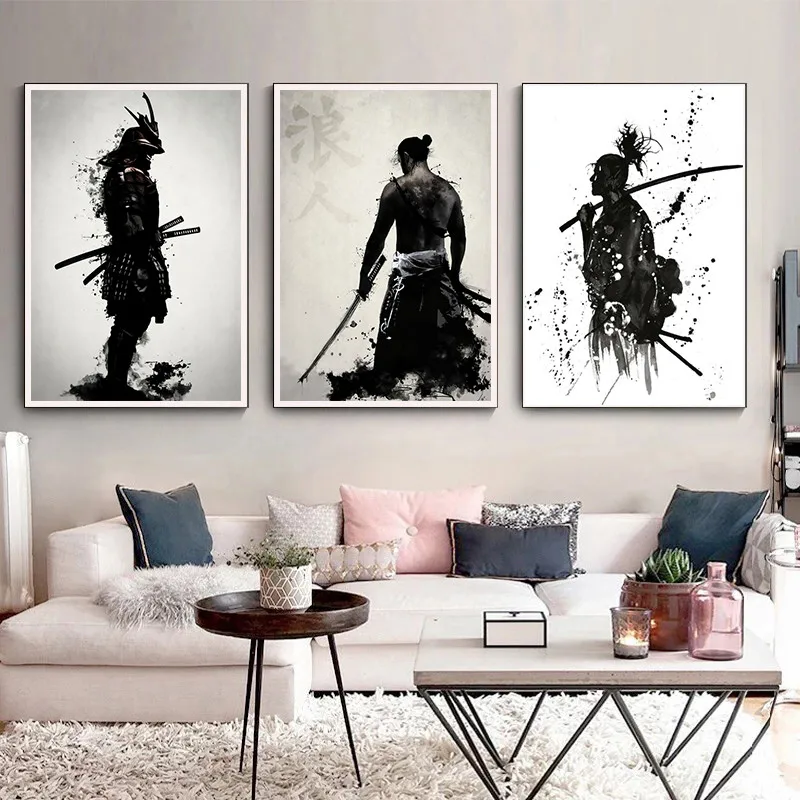 Impresión artística en lienzo en blanco y negro, imagen de samurái japonés, carteles decorativos para pared, decoración interior del hogar, póster con figura pintada