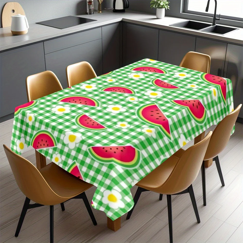Watermelon Tablecloth, Green Gingham Watermelon Slice Daisy Print, Washable Table Cover, Summer Dining Room Home Decor