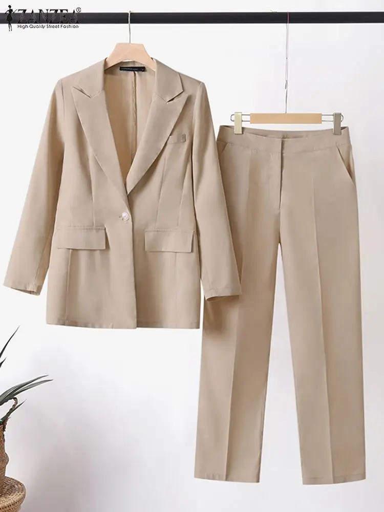 ZANZEA Elegant Women OL Work Pants Sets 2PCS Long Sleeve Blazer Suits Fashion Spring Office Trousers Suits Solid Tracksuit 2024