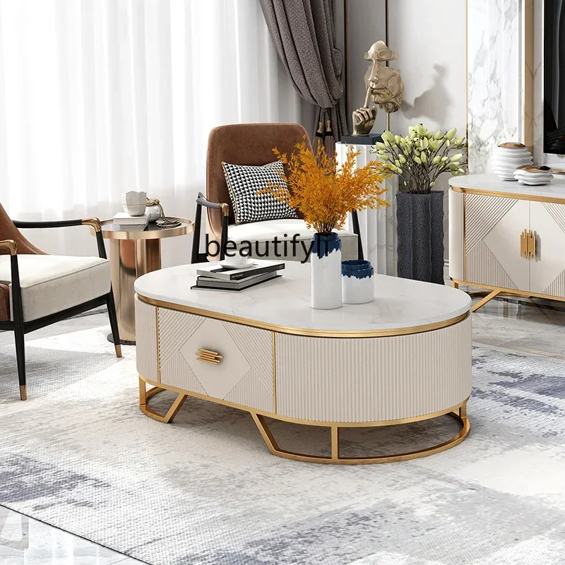 

K18 Light Luxury Household Minimalist Modern TV Cabinet and Tea Table Combination Small Apartment Tea Table Marble Table