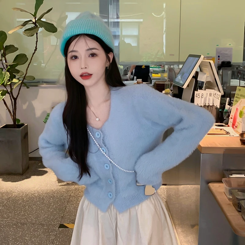 Korean Fashion Sweet Candy Color Short Cardigan Women Girls New Autumn Winter Warm Round Neck Long Sleeve Sweater Coats