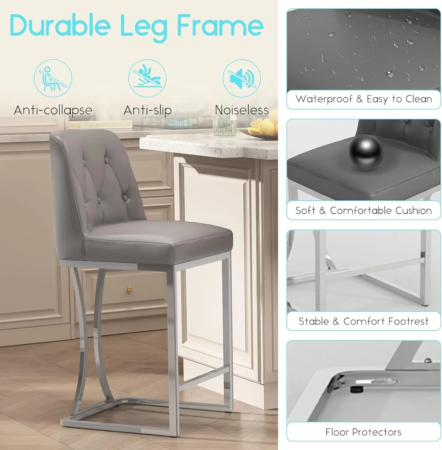 [عرض لفترة محدودة، اشترِ الآن! ]مجموعة مقاعد بارتفاع عداد 24 بوصة مكونة من 4 قطع، مقاعد عداد رمادية مع إطار معدني خلفي وفضي