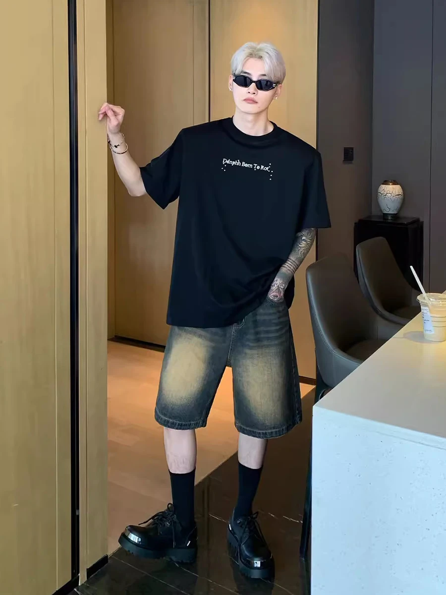 REDDACHIC Vintage Wash Whiskers Denim Shorts Men Straight Wide Leg Casual Baggy Jeans Jorts Male Trousers Harajuku Y2k Clothes