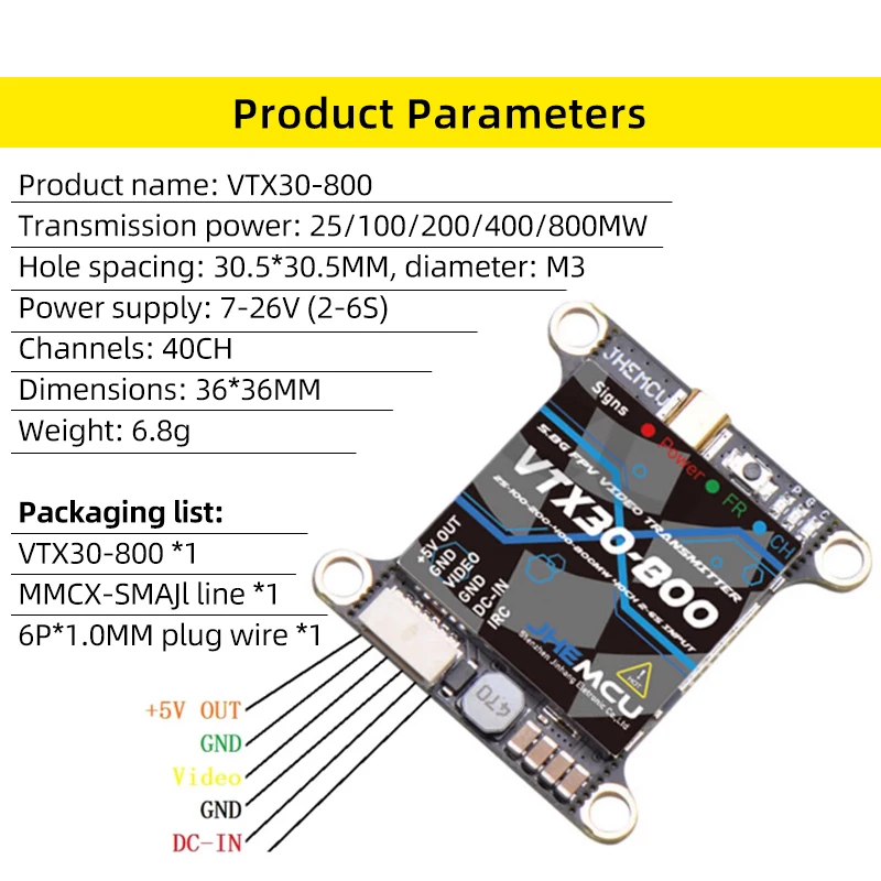 JHEMCU VTX30-800 5.8GHz FPV Video Transmitter 40CH 25/100/200/400/800mW with Foxeer Lollipop 4 Antenna for RC Drone Long Range