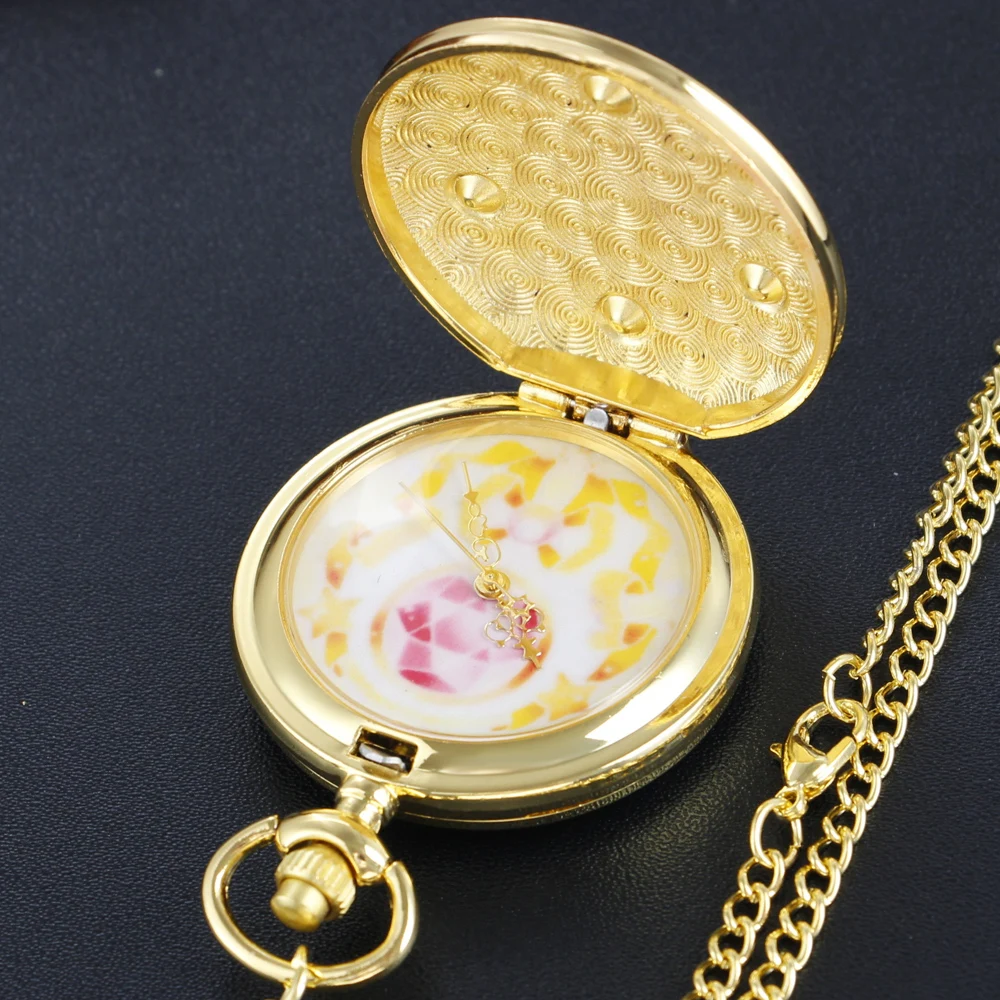 Reloj de bolsillo de cuarzo dorado de chica de belleza de Anime japonés, reloj Vintage Fob, regalo para niños, collar con colgante de mujer, recuerdo