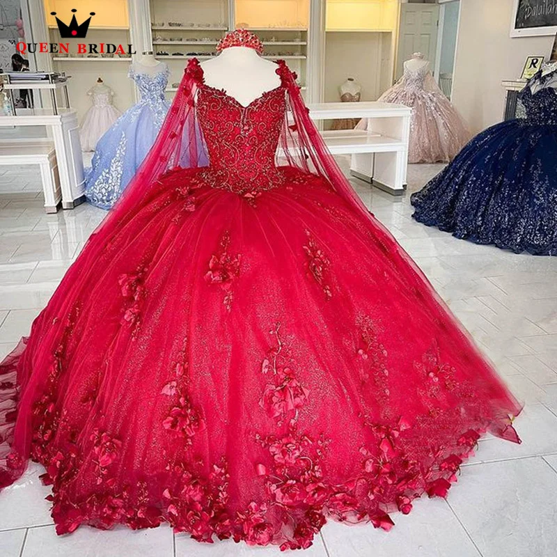 ชุดเดรส vinceanera ประดับด้วยลูกปัดสีแดง3D ดอกไม้ชุดไปงานเต้นรำชุดเดรส vestido de 15 años quinceanera Princesa สั่งทำได้ LJ16