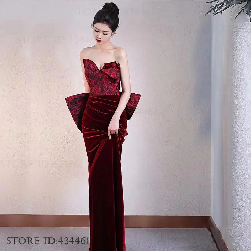 Braut Hochzeit Party Kleid Toast Kleidung Luxus Vintage Print Blume Samt Abend Party Kleid Sexy Trägerlosen Meerjungfrau Kleid