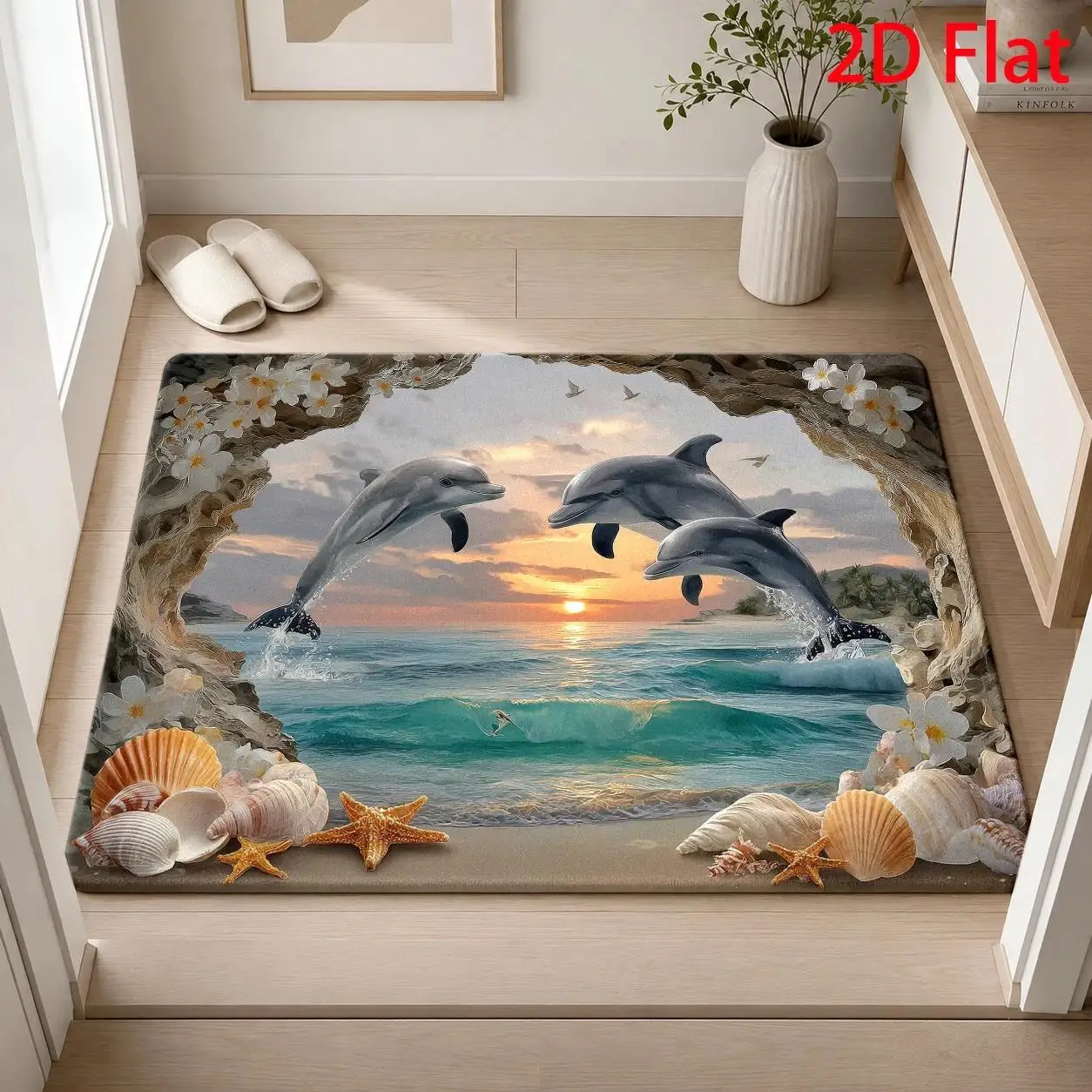 Sunset Beach Dolphin Non‑Slip Doormat, Seashell Starfish Cave View Pattern for Front Entrance Tropical Style Home Decoration Rug