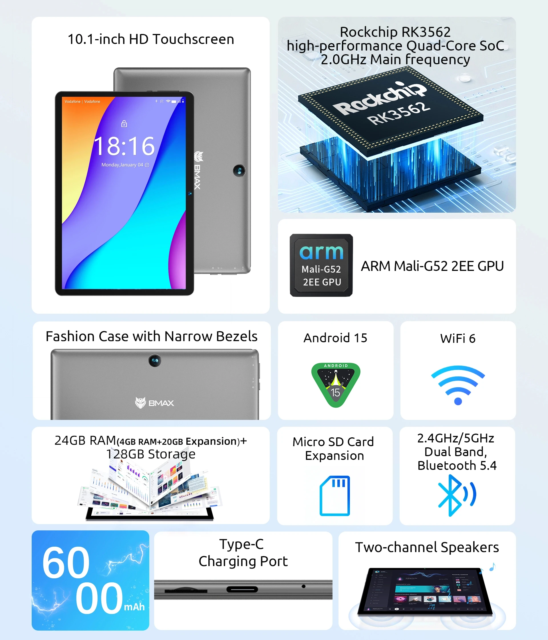 BMAX I9 Plus Tablet 10.1'' 1280*800 IPS 24(4+20)GB RAM 128GB ROM 6000mAh Type-C Rockchip RK3562 2-Core Android 15 Tablets WIFI 6 Bluetooth 5.4 Camera
