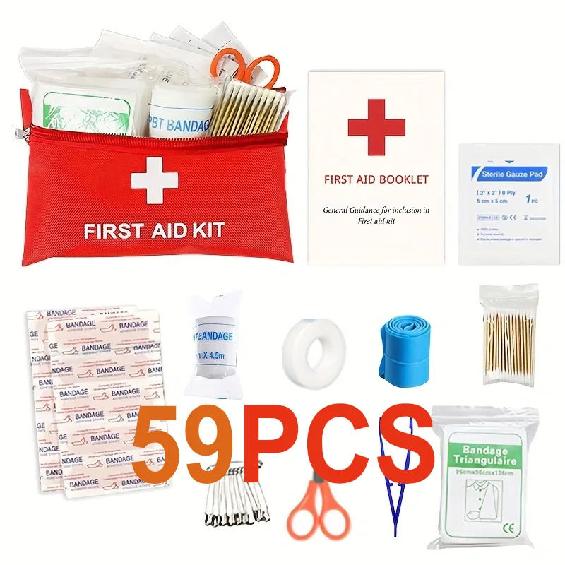 

Travel First Aid Kit - 59-piece set, ready for emergencies at home, outdoors, in the car, while camping, at work, or on hikes.