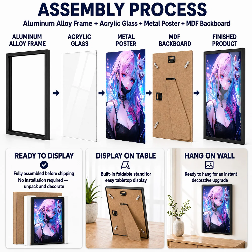 Anime Oni Girl Metal Poster With Aluminum Alloy Frame Personalized Neon Style Wall Art For Creative Studio, Fantasy Fan Gift