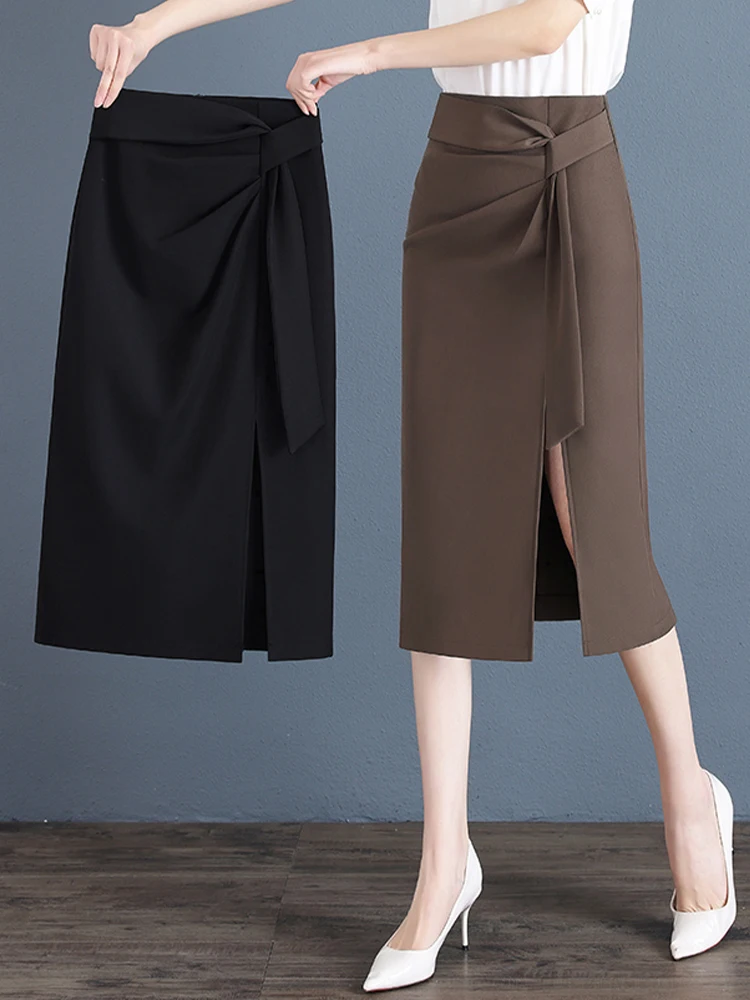 

Новая летняя женская юбка-миди с завышенной талией, приталенного кроя, с поясом, асимметричным подолом и эффектом обертывания, для повседневной носки