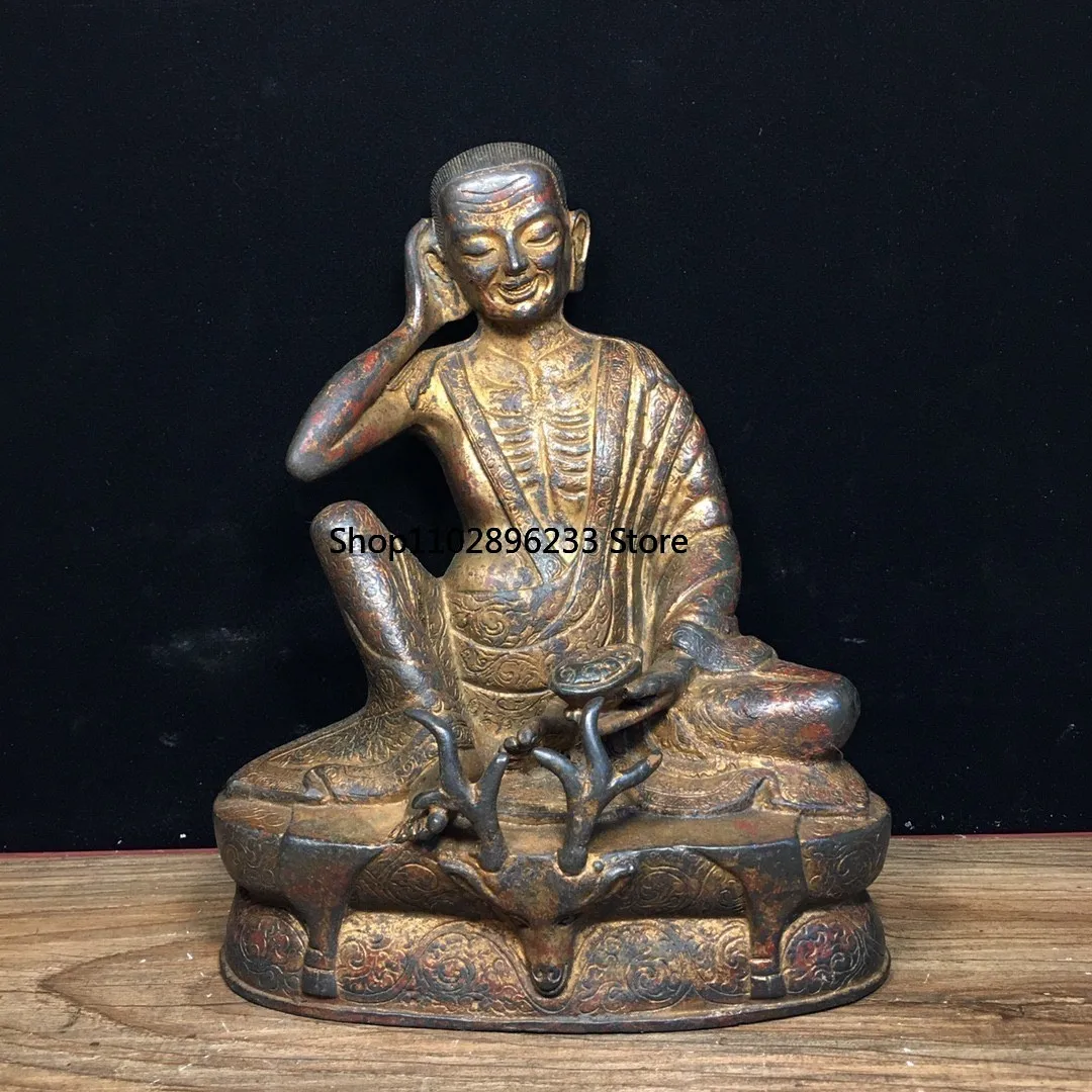 Tibetan brass mud gold cinnabar painted Milarepa sitting statue home Buddhist hall incense case offering ornament 18cm supplies