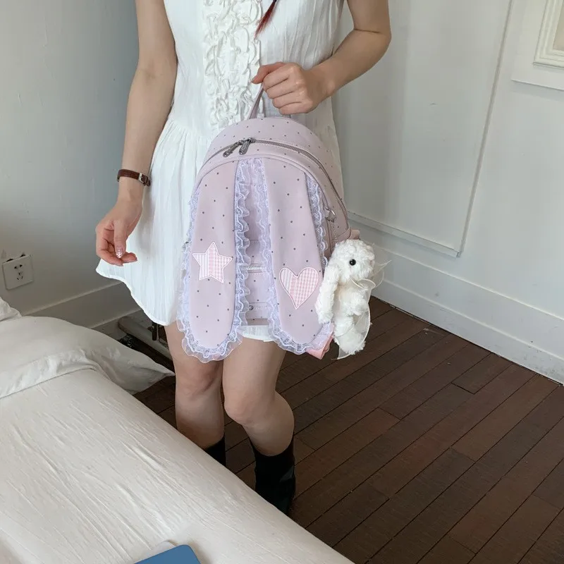 cute-rabbit-ear-double-shoulder-bag-women's-large-capacity-commuter-lace-trim-pu-bag-with-mobile-phone-pocket