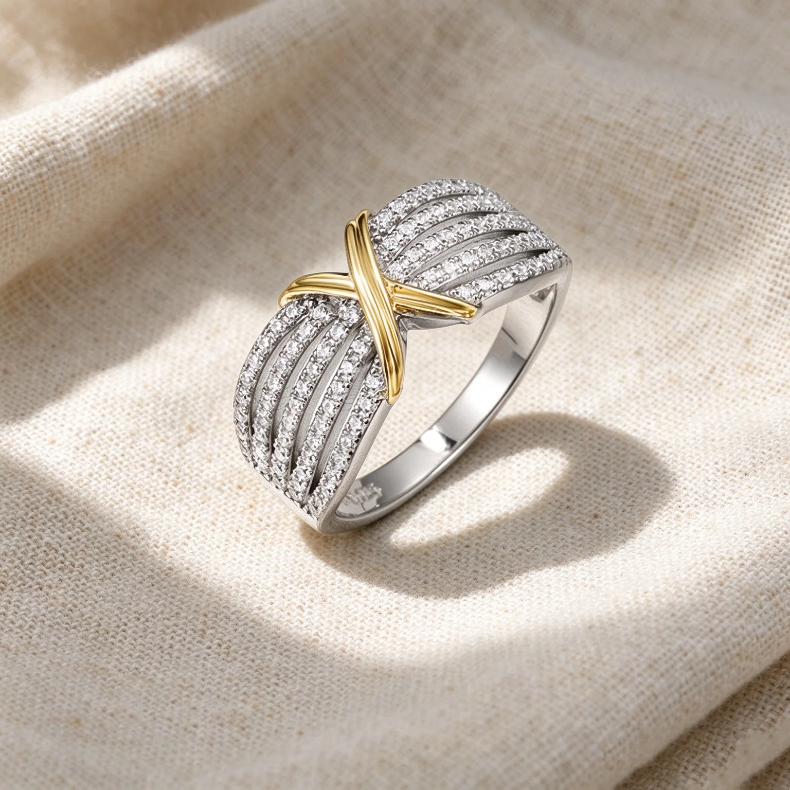 Charming Cross Two-tone Moissanite Rings for Women Exquisite Sparkling Finger Accessories Fashion Dazzling Wedding Party Jewelry