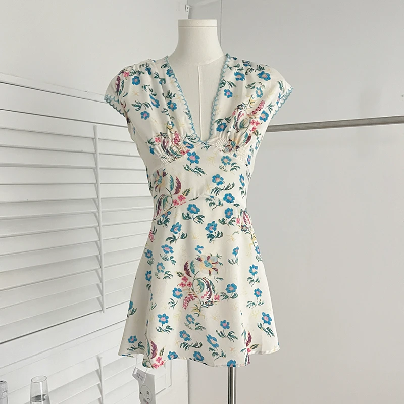 딥 V넥 우아한 A라인 드레스 여성 2025 신상 민소매 플라워 미니 드레스 여성 패션 여름 탱크 드레스