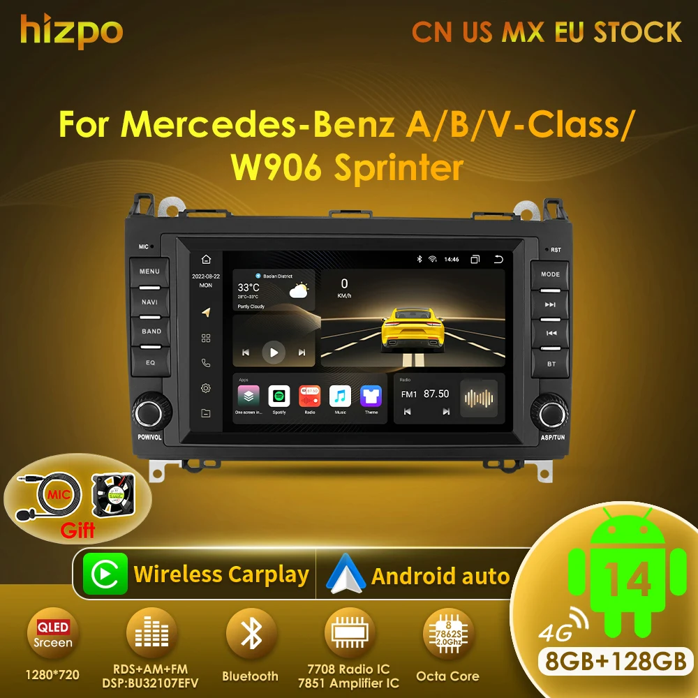 Image of Hizpo 8" Android Multimedia Bildschirm für Mercedes Benz B200 Sprinter W906 W639 AB Klasse W169 W245 Viano Vito Auto Auto Radio 8+128G