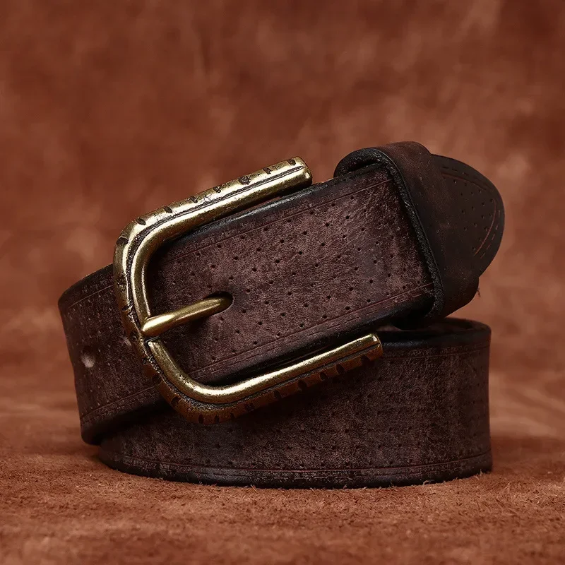 3.8CM High Quality Pure Cowhide Genuine Leather Men's Engrosar Brass Buckle Belts Retro Jeans Waistband Male Belts for Men