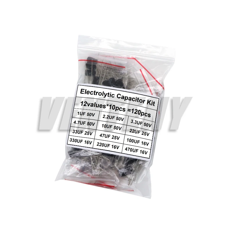 

120pcs Electrolytic Capacitor Assortment Kit 12Values 1uF - 470uF 2.2UF 4.7UF 10UF 22UF 33UF 47UF 100UF 220UF Capacitance Set