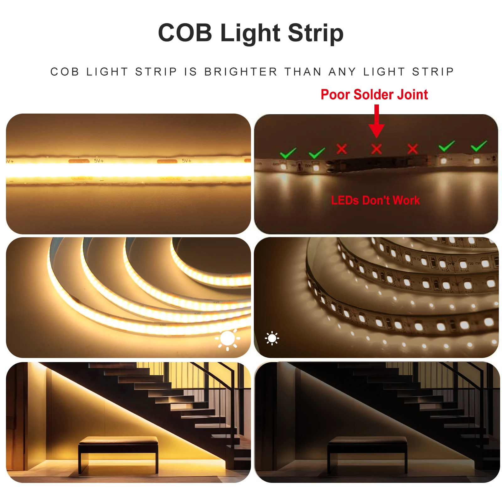 320LEDs/m COB LED Strip 5V USB Powered Flexible LED Tape COB Light Strip For TV Computer PC Backlight Kitchen Cabinet Lamp