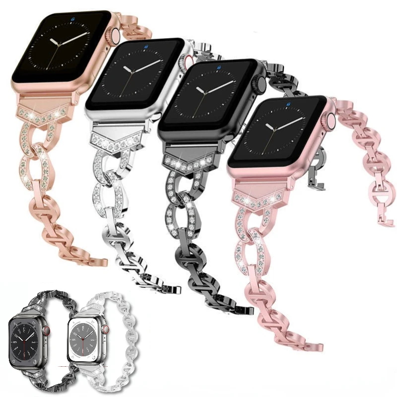 

Металлический ремешок для Apple watch 9 8 7 6 5 4 3 2 SE 45 мм 41 мм 44 мм 42 мм 40 мм 38 мм, женский роскошный браслет для iWatch Ultra 49 мм