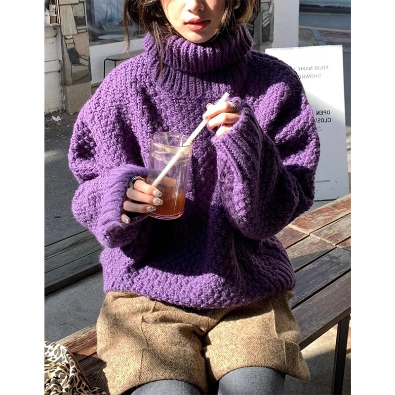 Vintage Turtleneck Sweater Women Harajuku Long Sleeve Knitted Pullovers Winter Aesthetic Pocket Knitwear Korean Casual Jumpers
