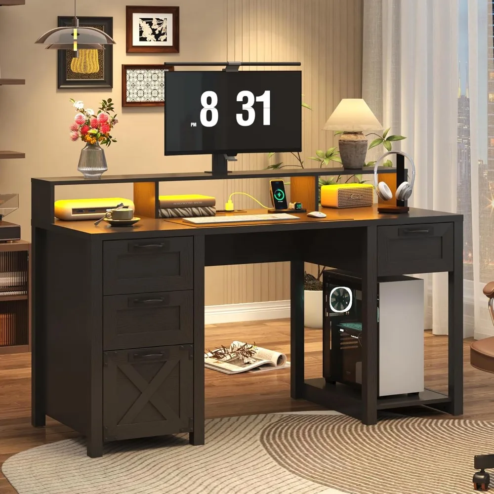 59" Farmhouse Computer Desk with 4 File Drawer & Power Outlet & Led Lights, Wood Home Office Desk with Long Monitor Stand, Compu