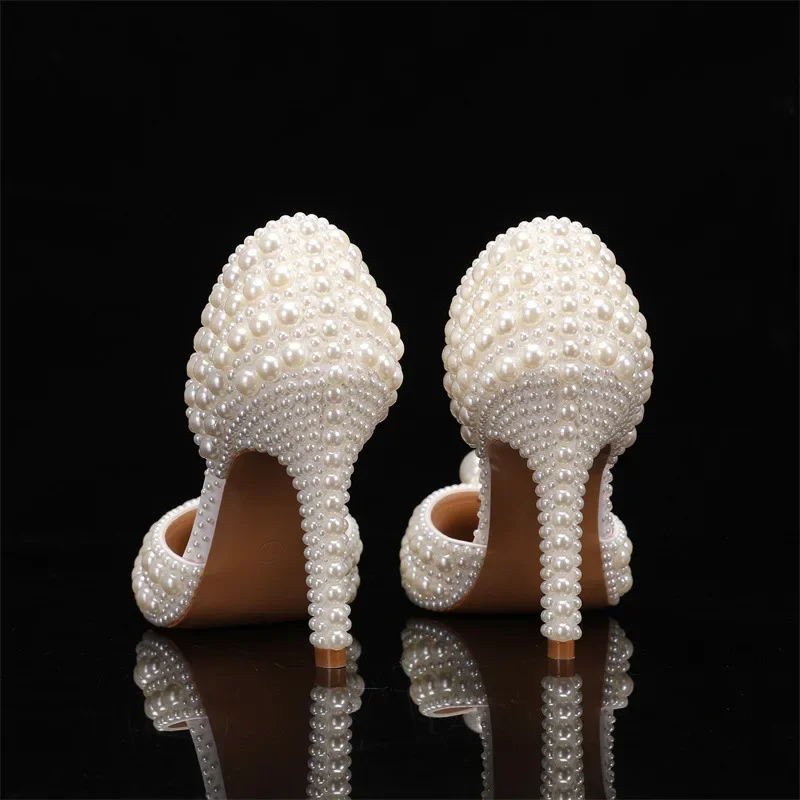 All Pearl Shallow Mouth Summer Sandals Pointed High Heeled Bride\'s Wedding Pearl Women Shoes Size 35-43 Bridesmaid White Sandals