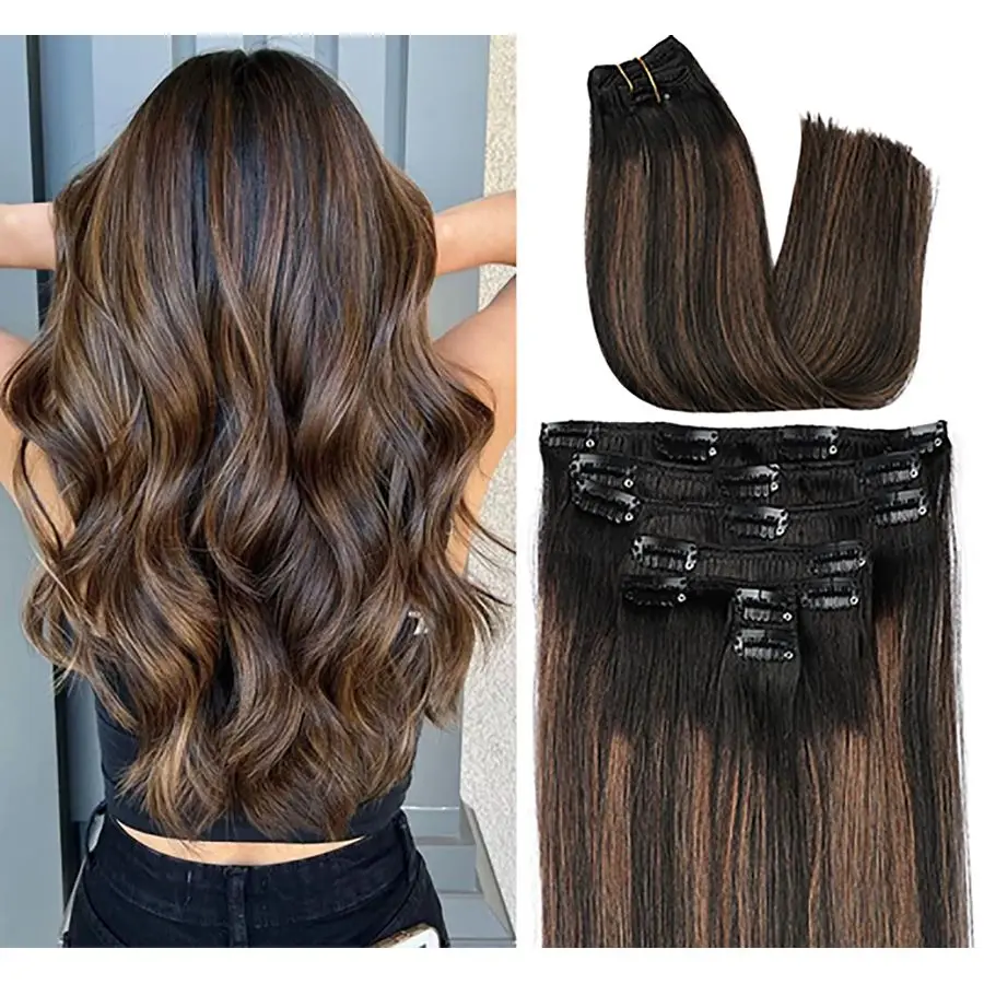 

Clip in Hair Extensions Real Remy Human Hair Balayage Natural Black to Chestnut Brown Highlights Hair for Women 120g 7 Pcs 16 In