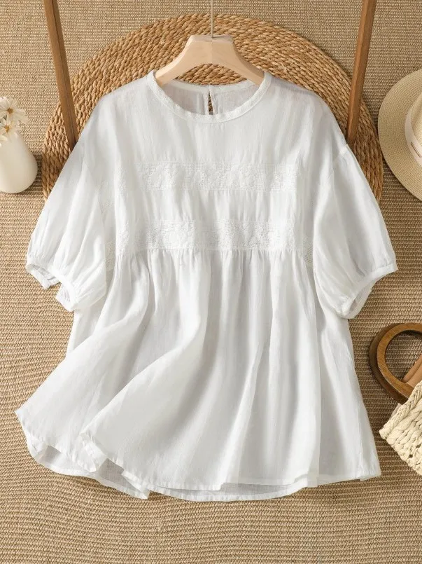 

Artistic Pure Color Lace Embroidery Patchwork T-Shirt Large Size Women's Sweet Anti-aging Doll Shirt Short Sleeve round Neck Top