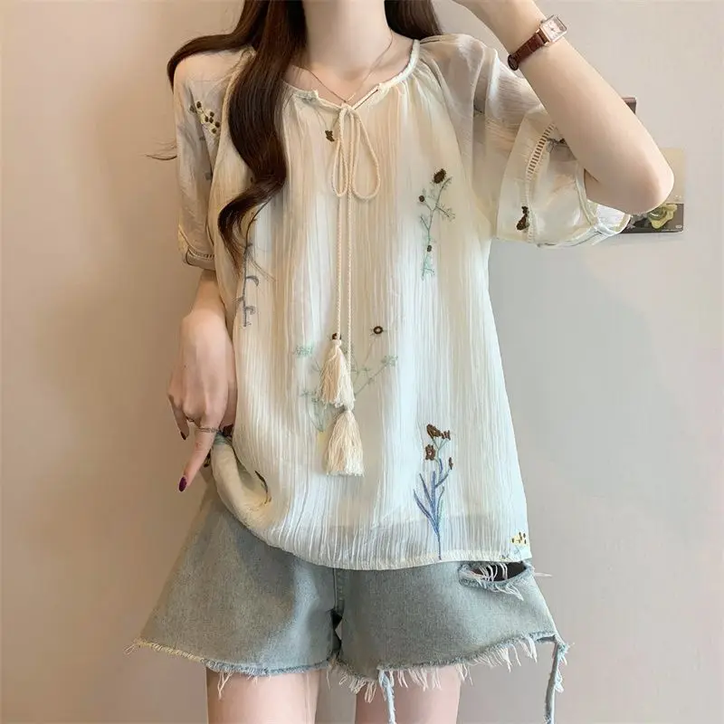 Women's Unique Chic 2026 Summer New Top Chinese Style Ancient Embroidery Short Sleeve Loose Fit Vacation Shirt Trendy 5