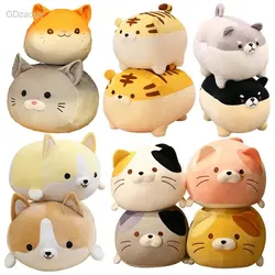 Cute Round Ball Shape Fat Lazy Cat Plush Toy Stuffed Cartoon Aniamls Likelike Bread Toast Cat Husky Shiba inu Dog Throw Pillow