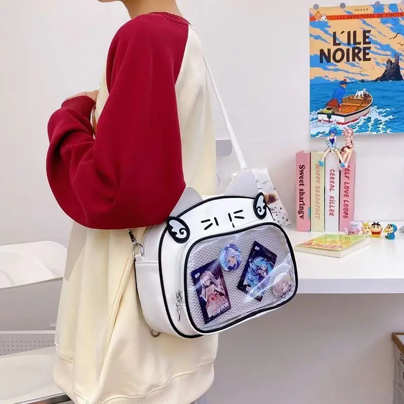 Y2K Bag Japanese Kawaii Cat Backpacks for Girls Sweet Cute Ear Design PU School Bag Popular Transparent Crossbody Bag Bolsa