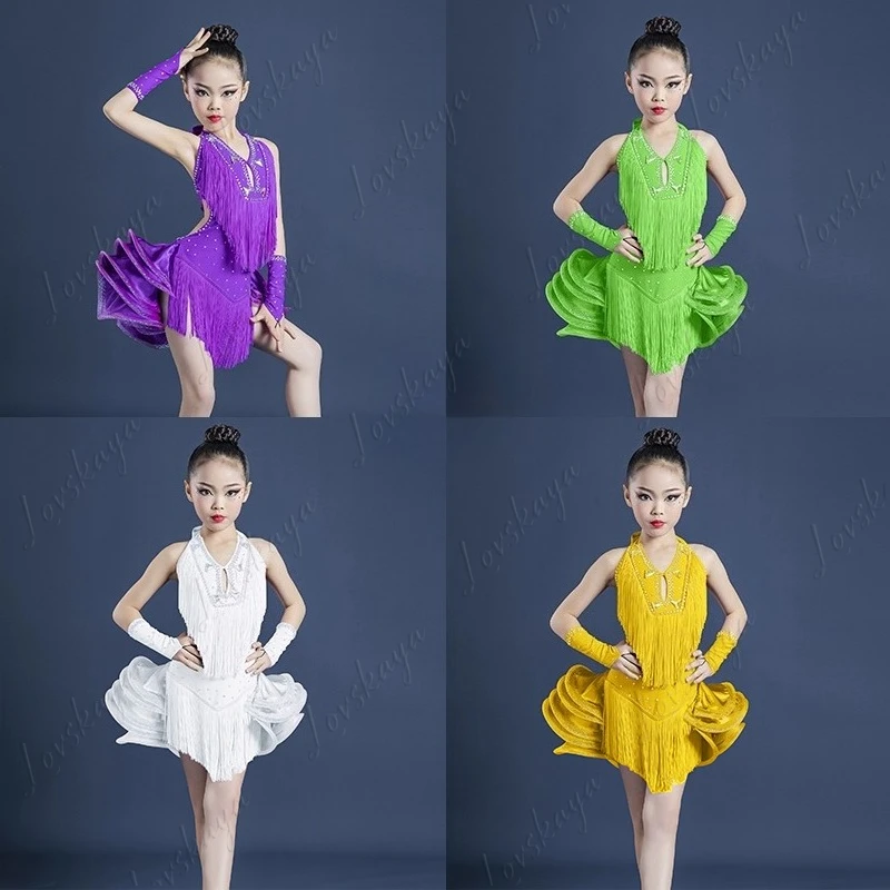 Latein-Tanz-Performance-Outfit für Kinder – Mädchen-Rock mit Fransen, einteiliges Performance-Outfit, professionelles Wettkampf-Outfit