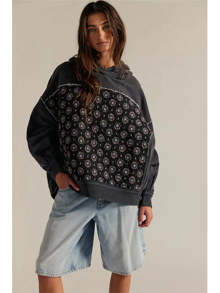 

Beautiful Splicing Pullovers For Woman Autumn Winter Fashion Long Sleeves Loose Hooded Hood Sweatshirt Ladies Office Hoodie