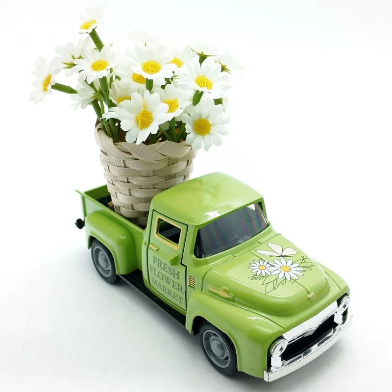 Mini Flower Basket Truck Display Piece with Push Rolling Pickup Form, Shelf Model for Desk, Cabinet, and Indoor Arrangement D2RD