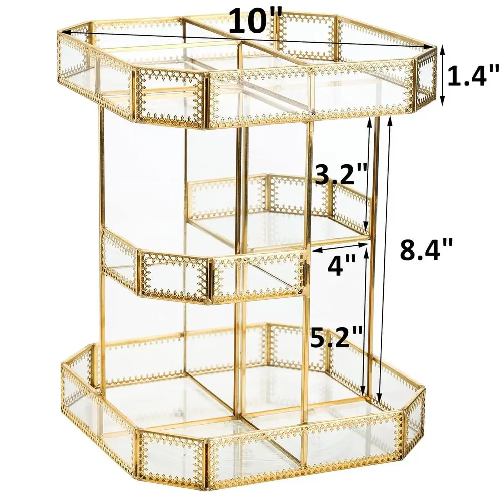 كبير 360 °   منظم مكياج زجاجي دوار مع لمسات ذهبية لعرض مستحضرات التجميل والفرش والعطور