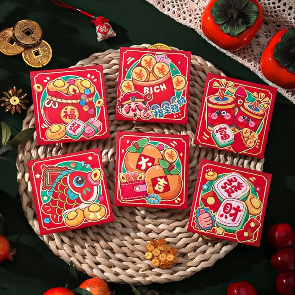 6Pcs Cartoon 2025 Red Envelope Bag Cute Gold Stamping Lucky Red Pocket Thickened New Year Red Packet Blessing Gift