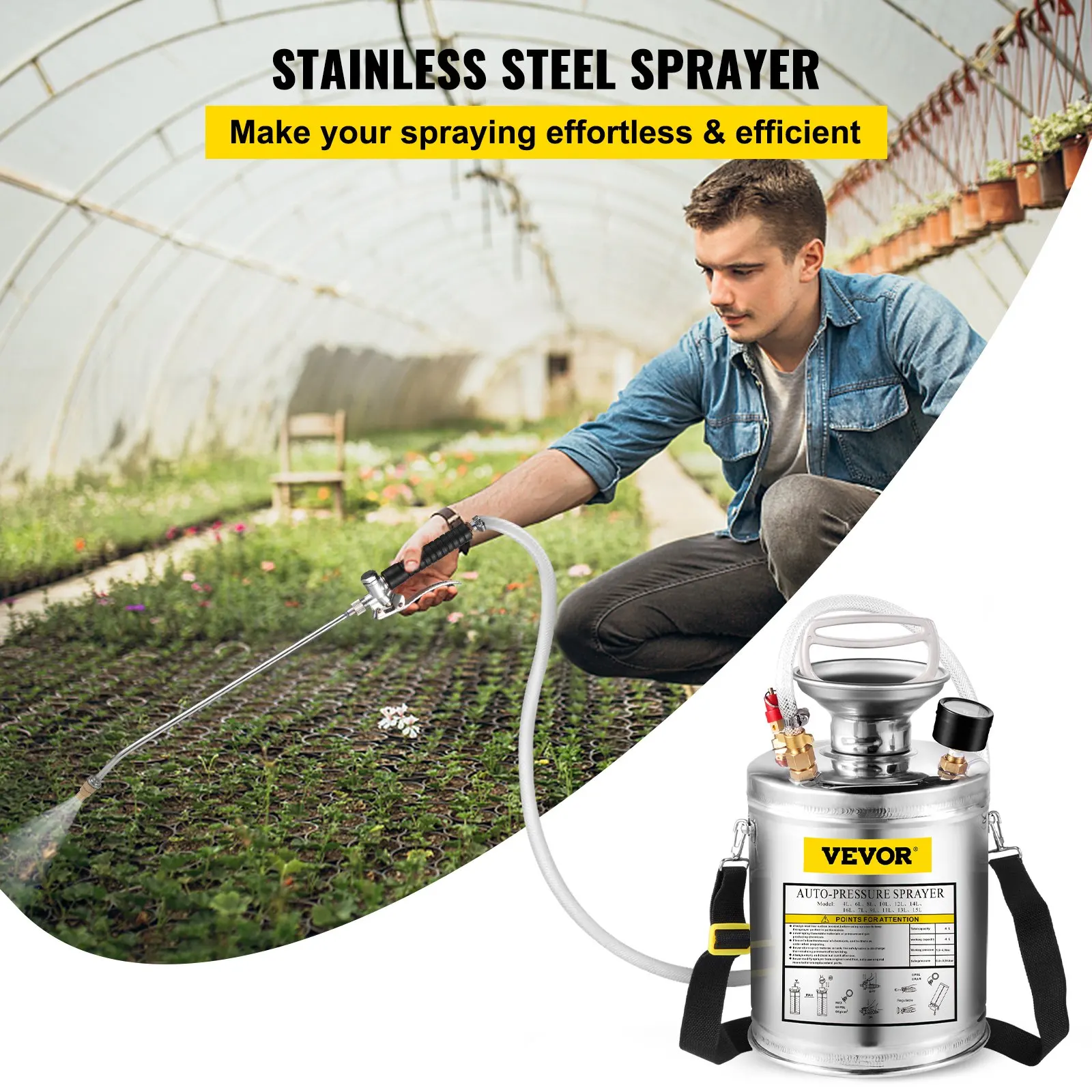 

1Gal Stainless Steel, Set With 12Wand Handle 3FT Reinforced Hose, Hand Pump Sprayer With Pressure Gauge&Safety Valve,