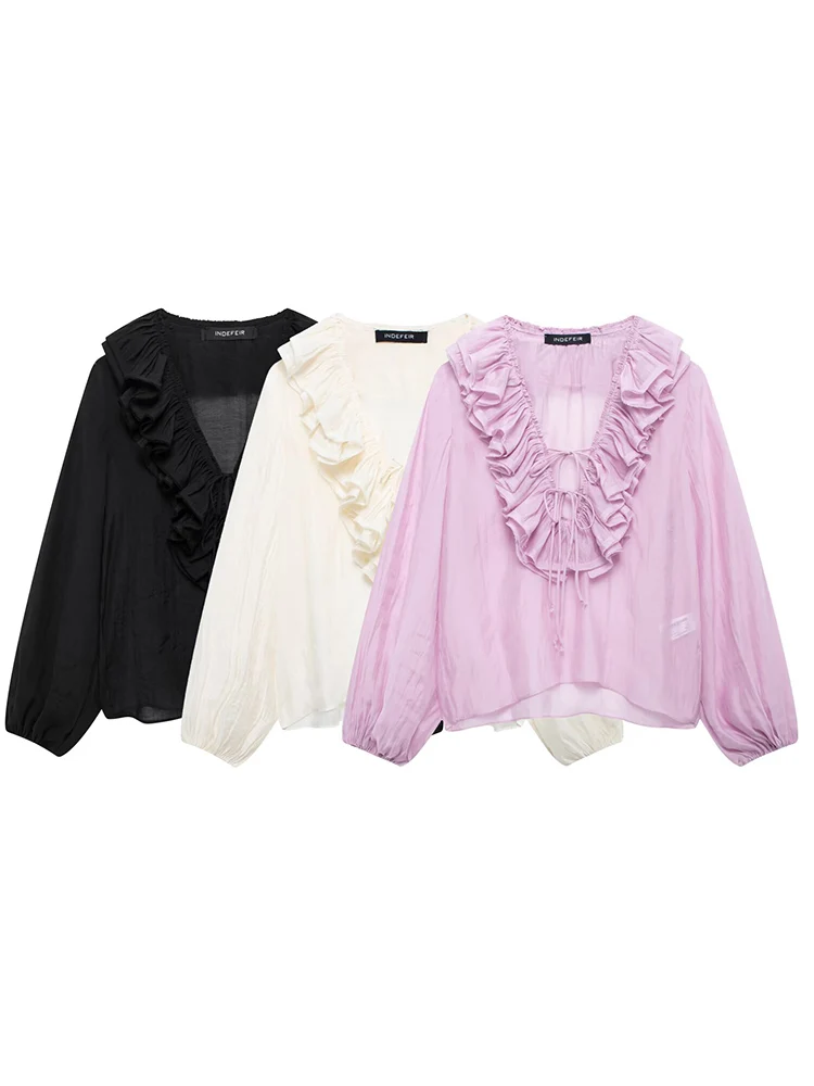 

HH Women Elegant Butterfly Pleated Ruffled Shirt 2025 Solid V-Neck Lantern Long Sleeves Lace-Up Female Autumn Casual Blouse