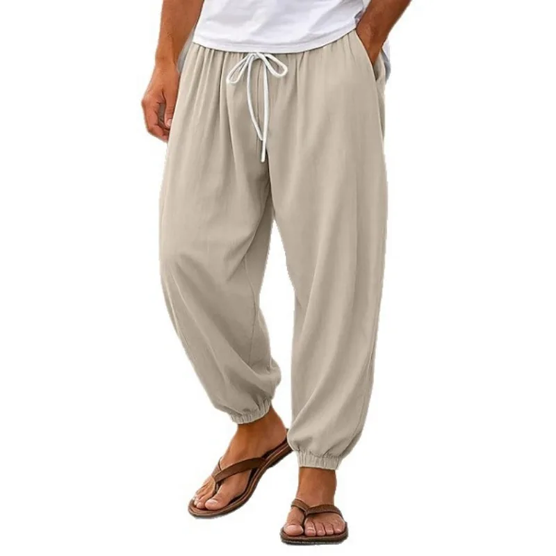 

Autumn Wide Men's Cotton and Linen Trousers Summer Jogging Pants Elastic Waist Straight High Waist Comfortable and Breathable