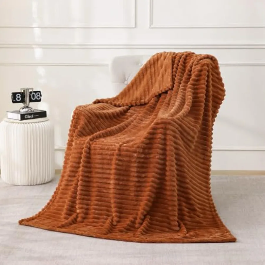 Burnt Orange Fleece Throw Blanket 50"×60" for Couch Sofa Bed, Super Soft Cozy Plush Microfiber Flannel Blanket with Stripes Des