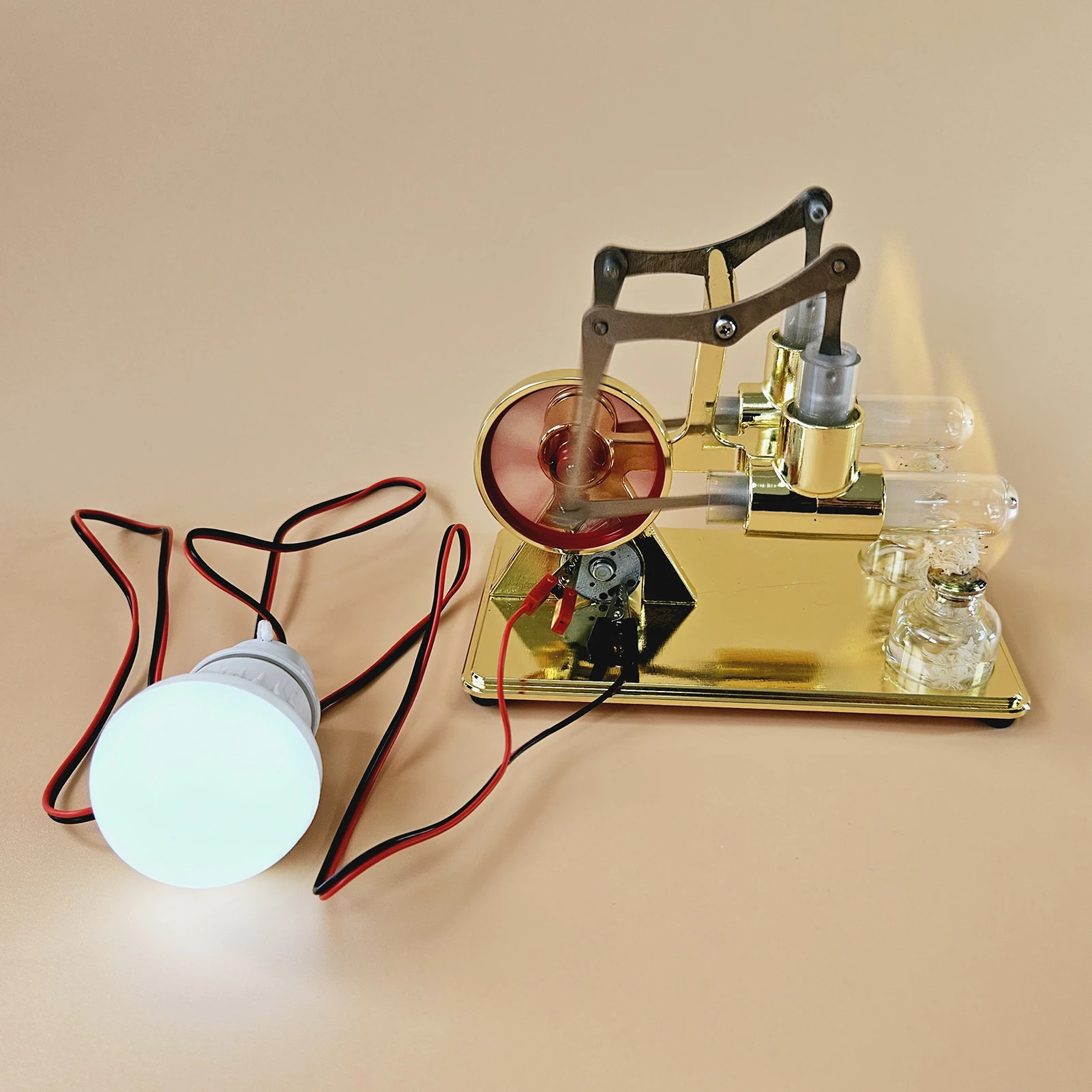 

Hot Air Stirling Engine Electricity Generator Motor Physical Dual Engine Model with LED Bulb Dollar Flywheel Design Experiment