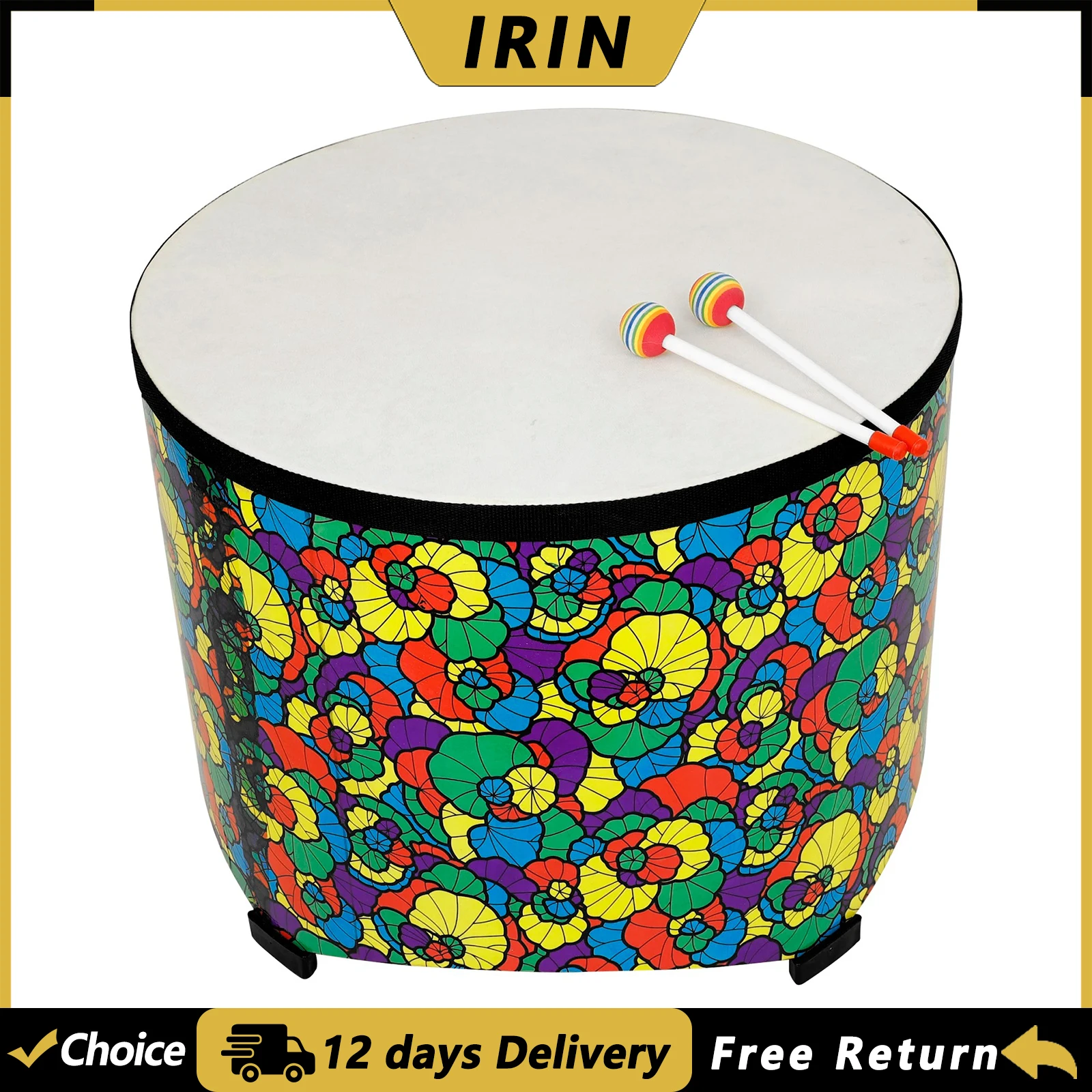 IRIN 22 Inch Ground Drum Colourful Wooden Sheepskin Floor Drum with Drumsticks Professional Percussion Musical Instrument
