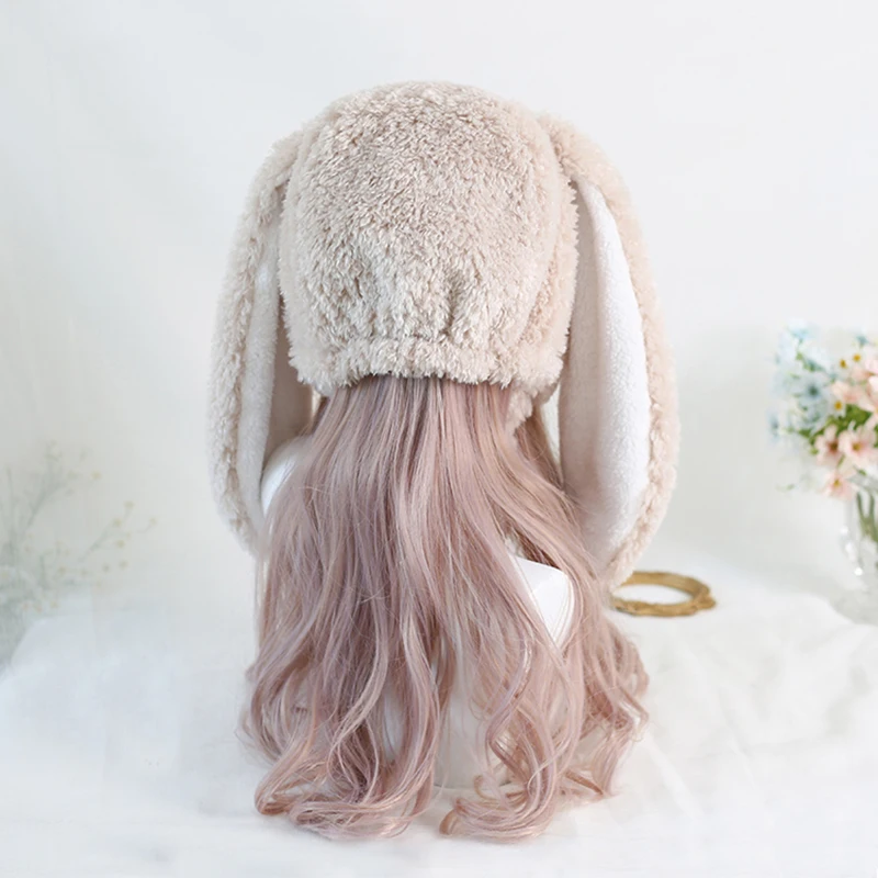 Japanese Loppy Bunny Eared Rabbit Cap Lolita Girl Earmuffs Cap Sweet Cute Rabbit Ears Plush Warm Winter Fleece Hats
